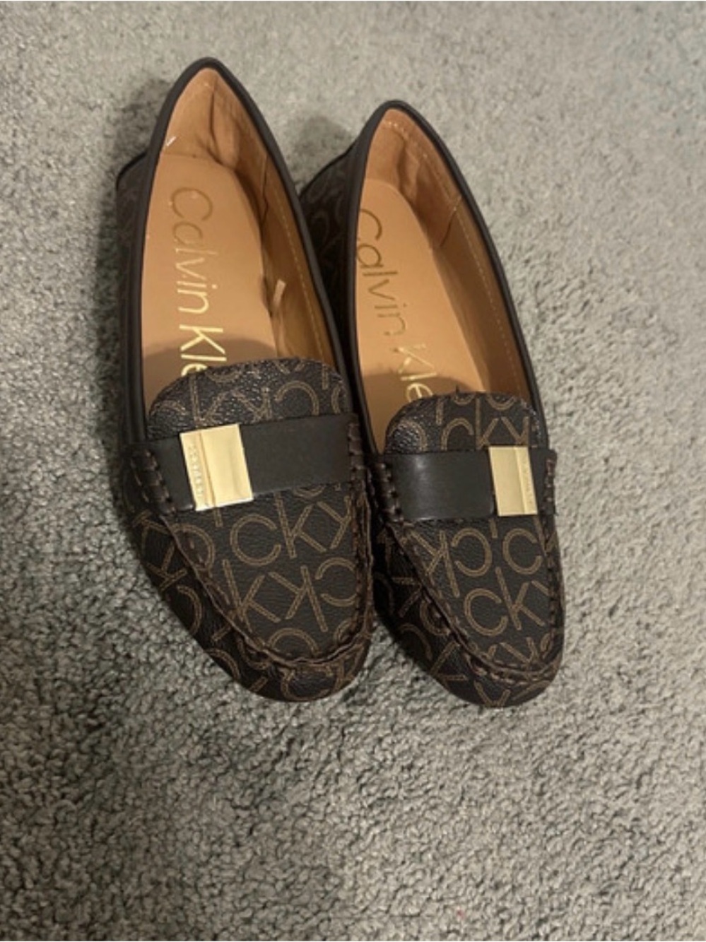 Calvin Klein Brown Logo Slip-On Loafers with Gold Accent